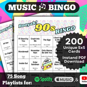 Bingo musical de canciones de los 90. (Éxitos musicales de los años 90, 200 tarjetas únicas, descarga instantánea en PDF, listas de reproducción en Spotify, Apple Music, YouTube).