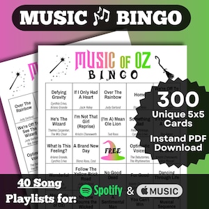 Bingomuziek van Oz | Bingokaarten met muziekthema Wicked | Dorothy, Glinda en Elphaba meezingen | 300 kaarten | Spotify, Apple Music-afspeellijsten.