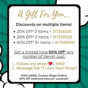 This is a gift for you. Use promos codes: 2ITEMS20 for a 20% discount on 2 items, 3ITEMS30 for 30% off 3 items, and 4ITEMS40 for 40% off orders of 4 or more items. Follow my shop and message me "I Love Your Shop!" for a limited time 50% off coupon.