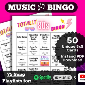Bingo musical: Bingo totalmente de los 80. Juego de 50 cartas. Descarga instantánea en PDF. Listas de reproducción de Spotify, Apple Music y YouTube.