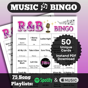 Music Bingo: R&B Soul Songs Bingo. 50 card set. Hits from across the decades. Instant Download with playlists for Spotify and Apple Music.