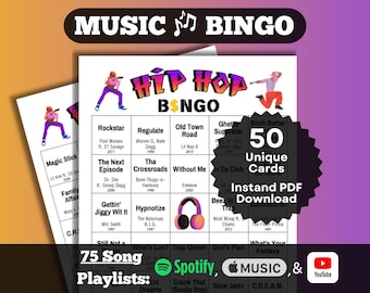 Hip Hop Music Bingo. 3 decades of hits 1990s, 2000s, 2010s. 50 unique cards. Instant Download. Playlists on Spotify, Apple Music, YouTube.