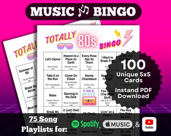 Music Bingo: Totally 80s Bingo. 100 card set. Instant PDF Download. Spotify, Apple Music, and YouTube Playlists.