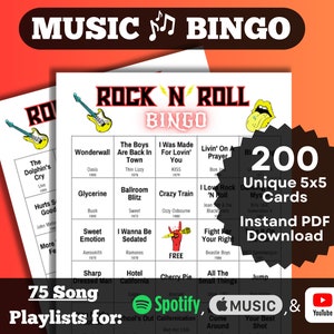 Bingo musical de canciones de rock and roll. Canciones de rock de todas las décadas (70-90+). Descarga instantánea. 200 cartones. Spotify, Apple Music, listas de reproducción de YouTube.