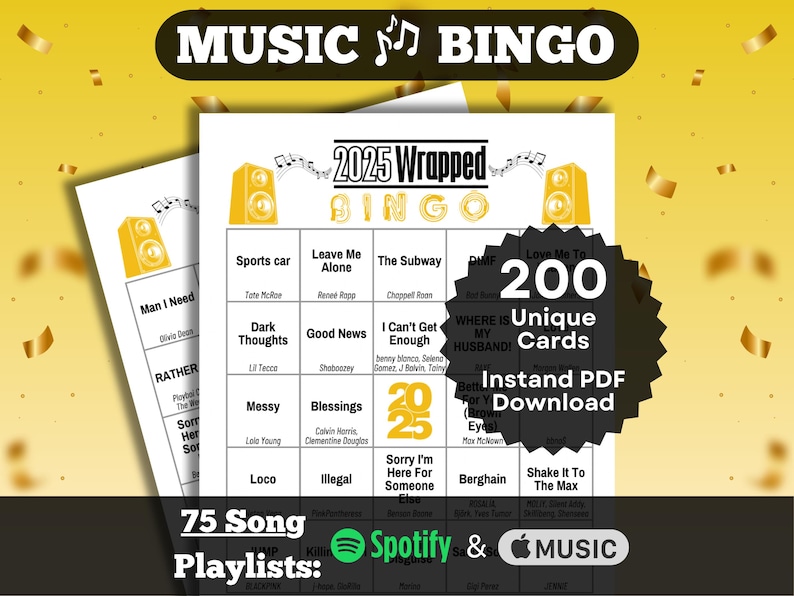 Music Bingo game themed with the best songs of 2025. The game includes 200 unique cards and 75 song playlists for Spotify and Apple Music. The design features a Speakers, Music Notes, and a 2025 theme.