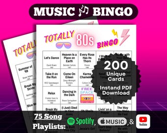Bingo Musical: Bingo dos anos 80. Conjunto com 200 cartelas. Download instantâneo em PDF. Playlists do Spotify, Apple Music e YouTube.