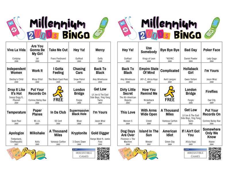 Example Bingo cards. 2 cards per 8.5" x 11" sheet of paper.