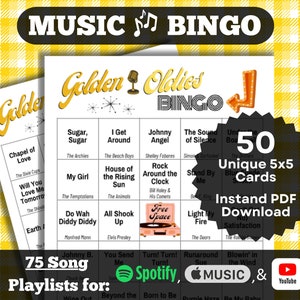 Muziekbingo: Golden Oldies-bingo. Klassieke liedjes uit de jaren 50 en 60. 50 kaarten. Directe pdf-download. Spotify-, Apple Music- en YouTube-afspeellijsten.