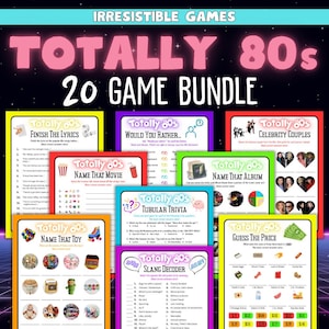 Lot de jeux des années 80 | jeux-questionnaires imprimables des années 80 | Jeux de société et activités des années 80 pour adultes | Fête d'anniversaire des années 80 | Jeux de société à thème des années 80