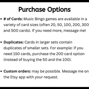 Purchase Options: card sets often available in 20, 50, 100, 200, 300, and 500 cards per set. Larger sets contain the same cards are smaller sets. Custom orders may be possible. Message me on Etsy with your request.