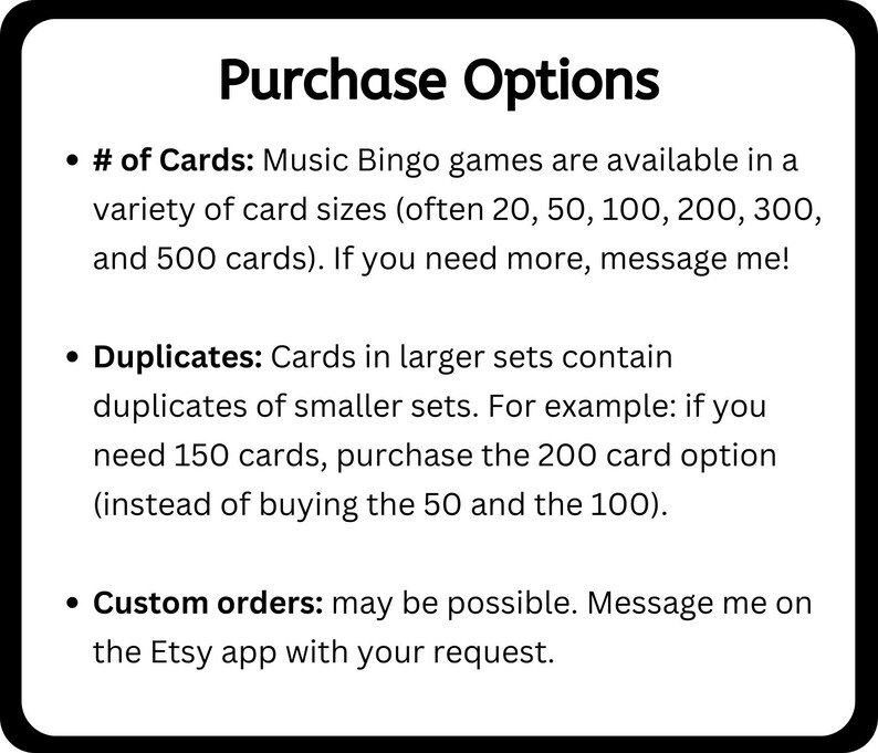 Purchase Options: card sets often available in 20, 50, 100, 200, 300, and 500 cards per set. Larger sets contain the same cards are smaller sets. Custom orders may be possible. Message me on Etsy with your request.