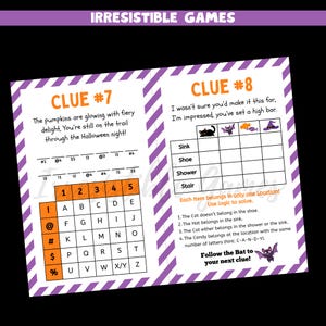 May include: A Halloween-themed game with purple and white diagonal stripes. The game includes two pages with clues, a word puzzle, and a logic grid. Text includes "Irresistible Games" and "Clue #7" and "Clue #8".