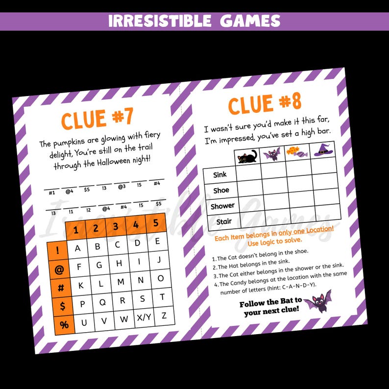 May include: A Halloween-themed game with purple and white diagonal stripes. The game includes two pages with clues, a word puzzle, and a logic grid. Text includes "Irresistible Games" and "Clue #7" and "Clue #8".