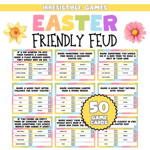 May include: A set of 50 game cards for an Easter-themed game called "Friendly Feud". The cards are colorful and feature a variety of questions and answers related to Easter. The cards are designed to be used for a family game night or party.