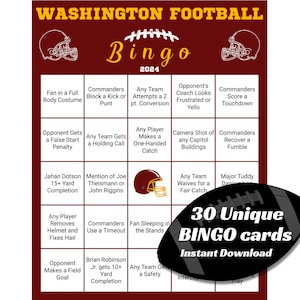 Washington Fussball Bingo | Go Kommandanten | 30 Einzigartige Karten | Sofortdownload | Live Event Bingo | Spieltag Bingo | Uhrenparty