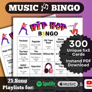 Bingo de Hip Hop. 3 décadas de éxitos de los 90, 2000 y 2010. 300 cartones únicos. Descarga instantánea. Listas de reproducción en Spotify, Apple Music y YouTube.