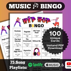Hip Hop Music Bingo. 3 decades of hits 1990s, 2000s, 2010s. 100 unique cards. Instant Download. Playlists on Spotify, Apple Music, YouTube.