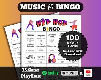 Hip Hop Music Bingo. 3 decades of hits 1990s, 2000s, 2010s. 100 unique cards. Instant Download. Playlists on Spotify, Apple Music, YouTube.