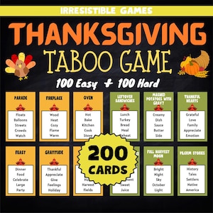 Jogo de Tabu de Ação de Graças | Jogo de Ação de Graças em Família Palavras Proibidas | 200 cartas de dicas com 100 fáceis e 100 difíceis | Todas as idades podem jogar juntas