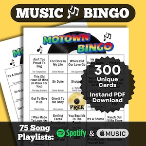 Motown Music Bingo Game | Oldies Music Bingo | 60s and 70s Motown songs | 300 Card Bingo, Instant Download | Spotify & Apple Music Playlists