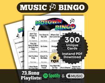 Juego de bingo de música Motown / Bingo de música clásica / Canciones de Motown de los 60 y 70 / Bingo de 300 tarjetas, descarga instantánea / Listas de reproducción de Spotify y Apple Music