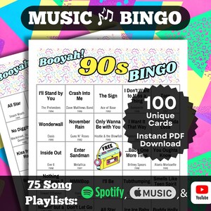 90s Songs Music Bingo. (Music hits from the 1990s, 100 unique cards, Instant PDF Download, Playlists on Spotify, Apple Music, and YouTube).