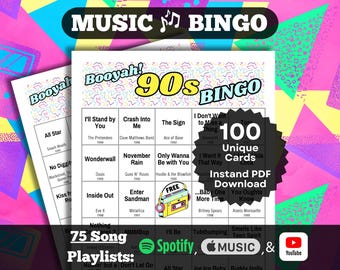90s Songs Music Bingo. (Music hits from the 1990s, 100 unique cards, Instant PDF Download, Playlists on Spotify, Apple Music, and YouTube).