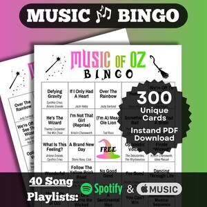 May include: A Music of Oz Bingo game with a black and white design. The game includes 300 unique cards and 40 song playlists. The game is available as an instant PDF download.