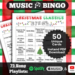 Bingo Musical: Clássicos de Natal. Seus sucessos natalinos favoritos. 50 cartelas, download instantâneo. Spotify, Apple Music, playlists do YouTube.