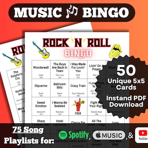 Bingo musicale di canzoni rock n roll. Canzoni rock di tutti i decenni (anni '70-'90 e oltre). Download immediato. 50 carte. Spotify, Apple Music, playlist di YouTube.
