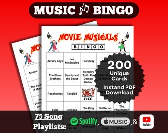 Music Bingo: Movie Musicals. Songs from the best musical films. 200 card set, Instant Download. Spotify, Apple Music, YouTube playlists.