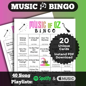 Puede incluir: Un juego de Bingo imprimible "Music of Oz" con 20 cartas únicas, con canciones del musical. El diseño incluye títulos de canciones, nombres de artistas y el texto "Descarga instantánea de PDF". El juego está sobre un fondo degradado.