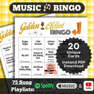 Music Bingo: Golden Oldies Bingo. 50&#39;s and 60&#39;s classic songs. 20 cards. Instant PDF Download. Spotify, Apple Music, and YouTube Playlists.