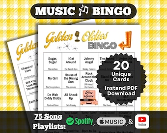 Bingo Musical: Bingo de Clásicos de los 50 y 60. 20 cartones. Descarga instantánea en PDF. Listas de reproducción de Spotify, Apple Music y YouTube.