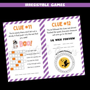 May include: A Halloween-themed game with clues and puzzles. The game features the text "CLUE #11" and "CLUE #12", along with illustrations of a ghost and a witch. The game is designed with a purple and white striped border and the words "IRRESISTIBLE GAMES" at the top.