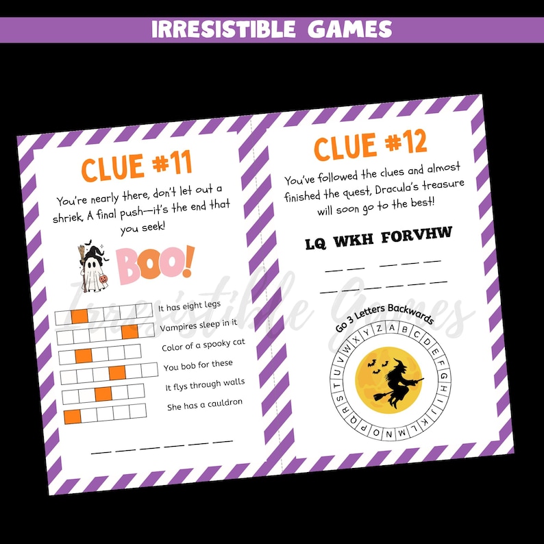 May include: A Halloween-themed game with clues and puzzles. The game features the text "CLUE #11" and "CLUE #12", along with illustrations of a ghost and a witch. The game is designed with a purple and white striped border and the words "IRRESISTIBLE GAMES" at the top.