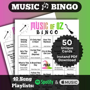 May include: A Music of Oz Bingo game with a black and white background. The game features song titles and artist names from the musical. The game includes 50 unique cards and is available as an instant PDF download.