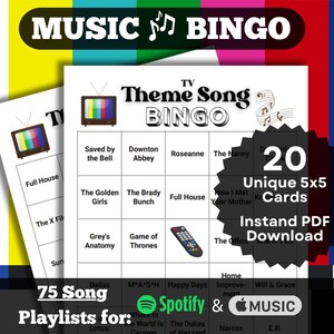 TV Titelsongs Bingo | Fernsehen Themen Musik Bingo Spiel | Theme Musik Spenden Spiel | 20 Einzigartige Karten | Inklusive Playlists