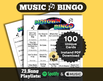 Motown Music Bingo Game | Oldies Music Bingo | 60s and 70s Motown songs | 100 Card Bingo, Instant Download | Spotify & Apple Music Playlists