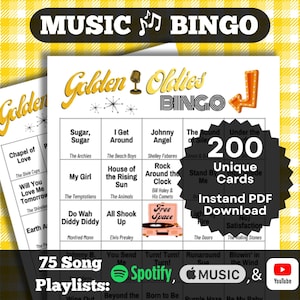 Music Bingo: Golden Oldies Bingo. 50's and 60's classic songs. 200 cards. Instant PDF Download. Spotify, Apple Music, and YouTube Playlists.