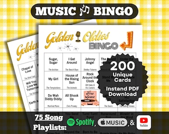 Music Bingo: Golden Oldies Bingo. 50's and 60's classic songs. 200 cards. Instant PDF Download. Spotify, Apple Music, and YouTube Playlists.