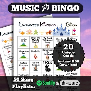 Bingo Musical: Reino Encantado. Canciones y música de películas animadas, set de 20 cartones, descarga instantánea, listas de reproducción de Spotify y Apple Music.