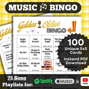 Bingo musical: Bingo Golden Oldies. Canciones clásicas de los años 50 y 60. 100 cartas. Descarga instantánea de PDF. Listas de reproducción de Spotify, Apple Music y YouTube.