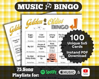 Music Bingo: Golden Oldies Bingo. 50's and 60's classic songs. 100 cards. Instant PDF Download. Spotify, Apple Music, and YouTube Playlists.