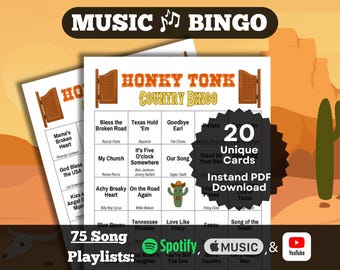 Music Bingo: Honky Tonk Country. 20 card set. Instant Download. Spotify, Apple Music, and YouTube Playlists. Country Music | Country Songs.