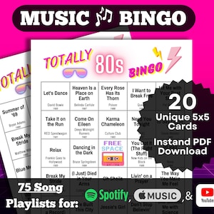 Bingo musical : un bingo totalement années 80. Lot de 20 cartes. Téléchargement instantané du PDF. Listes de lecture Spotify, Apple Music et YouTube.