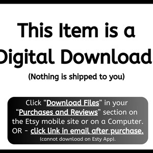 This item is a digital download. Click "Download Files" in your purchases and reviews sections on the Etsy mobile site or on a Computer. OR click the link in the email you will receive after purchase.