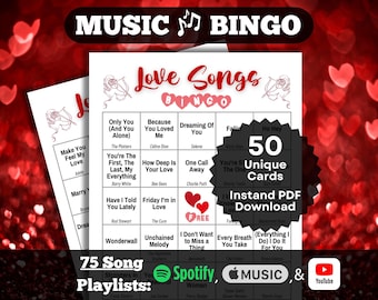 Love Songs Music Bingo | Galentine's Day and Bridal Shower Game | Valentine's Day Bingo | 50 cards | Instant Download | Playlists Included