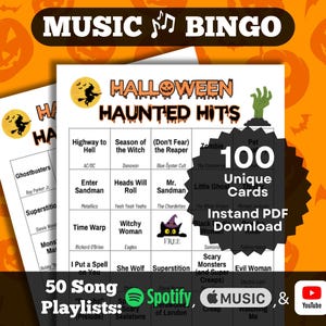 Muziekbingo: Halloween-spookhits. 100 unieke kaarten. Direct downloaden. Afspeellijsten op Spotify, Apple Music, YouTube.