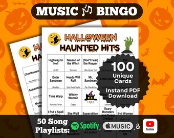 Music Bingo: Halloween Haunted Hits. 100 unique cards. Instant Download. Playlists on Spotify, Apple Music, YouTube.